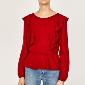 ZARA Red Ruffle Long Sleeve Shirt, Blouse, Top Sz Small